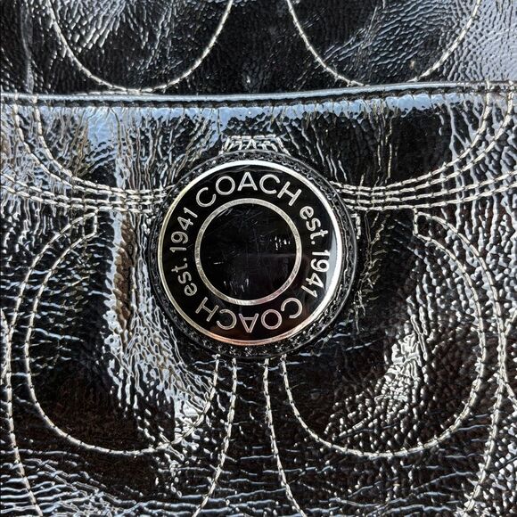 Coach Signature stitched Black patient leather diaper Bag purse laptop carrier - Picture 7 of 16